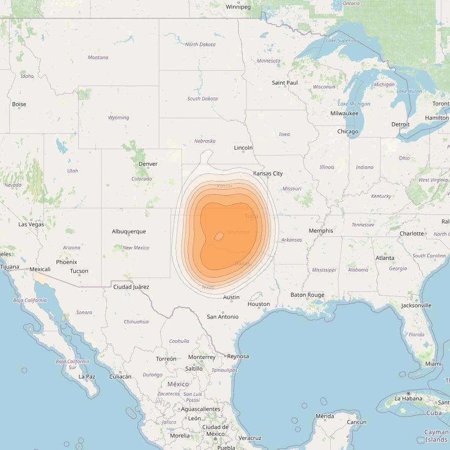Directv 14 at 99° W downlink Ka-band Spot B18R (Oklahoma City) beam coverage map
