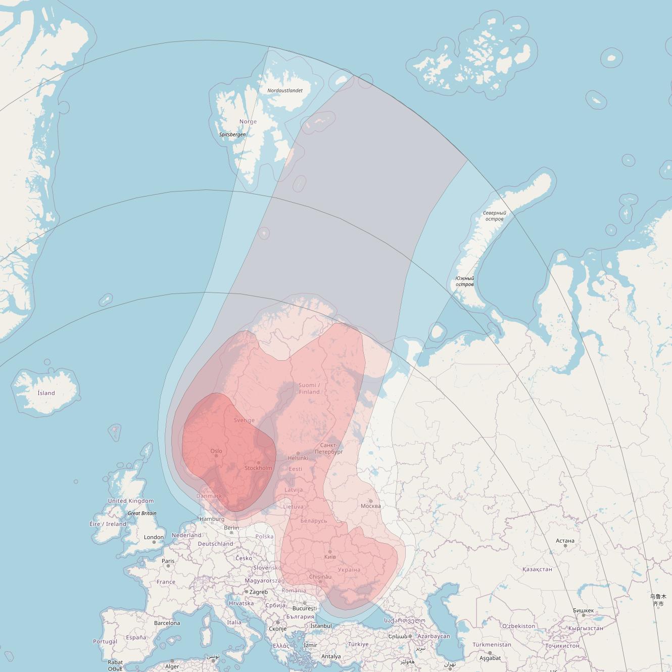 Eutelsat 9B at 9° E downlink Ku-band Nordic/Eastern Europe beam coverage map